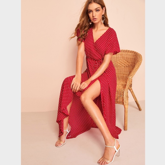 Rouge! Dresses & Skirts - Polka Dot Wrap Red Maxi Dress